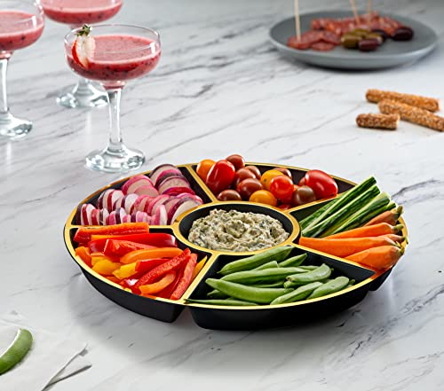 Plasticpro 6 Sectional Round Plastic Serving Tray/Platters Black & Gold Pack of 4 - color: Black & Gold