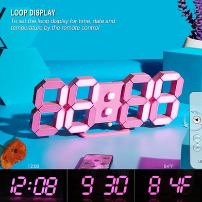 Pink LED Clock 3D Wall Clock 9.7" Table Clock for Living Room Modern Digital Clock for Bedroom Aesthetic Bedside Desk Clock with Remote/Dimming/12/24H/Temp/Alarm Clock/Date - color: 9.7in Pink Clock-pink Light