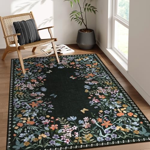 Wonnitar 5x7 Washable Area Rug, Black Floral Rug for Bedroom, Boho Flower Rug for Dining Room, Non Slip Low Pile Living Room Carpet, Botanical Farmhouse Indoor Decor (5x7 Black) - color: Black, size: 5' x 7' (Rectangular)