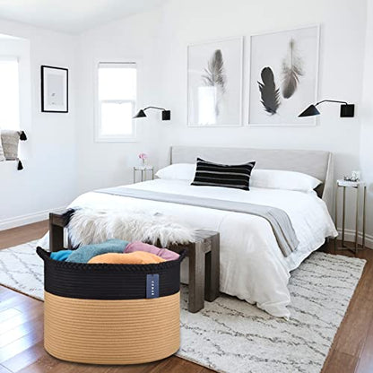 COMSE XXXLarge Woven Blanket & Laundry Basket, 87L, Black & Camel | 21.7" x 13.8", Cotton Rope, Nursery Hamper for Storage of Toys Clothes Towels, Ideal for Living Room Bedroom Bathroom - color: Black & Camel