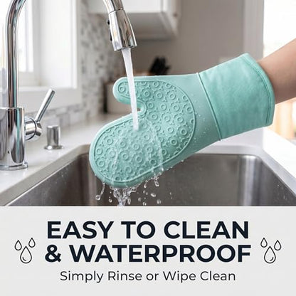Silicone Oven Mitts 2-Pack, 13.5" Heat Resistant 500F, Non-Slip BPA-Free with Soft Cotton Lining, Kitchen Gloves for Baking, Cooking, BBQ & Grilling（Blue） - color: Green