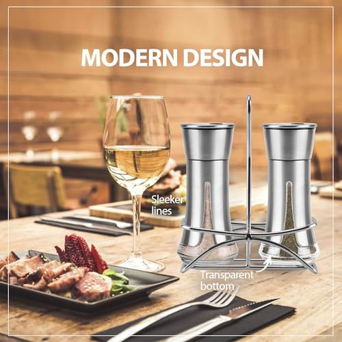 Aelga Salt and Pepper Shakers with Holder, Salt Shaker for the Kitchen with Adjustable Pour Holes for Himalayan, Kosher, and Sea Salts - color: Silver