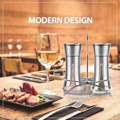 Aelga Salt and Pepper Shakers with Holder, Salt Shaker for the Kitchen with Adjustable Pour Holes for Himalayan, Kosher, and Sea Salts - color: Silver