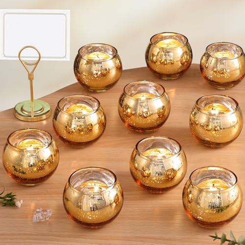 Volens Round Gold Votive Candle Holders, Mercury Glass Votives Set of 12 | Tealight Candle Holders for Fall Table Centerpieces, Diwali Decorations for Home - color: Gold, size: 12 PACK