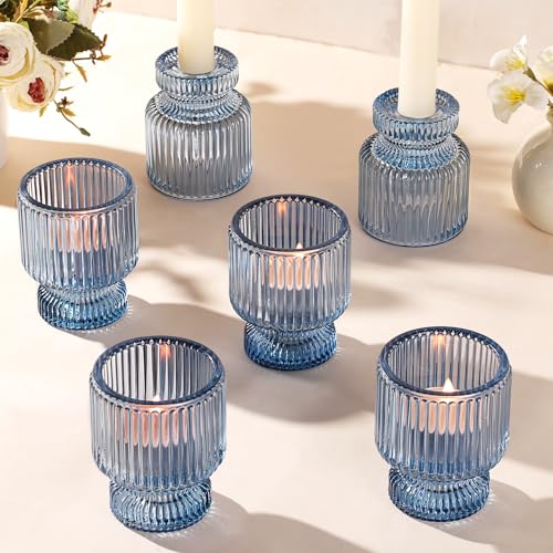 6 Pcs Blue Glass Candlestick Holders with Vertical Stripes - Irregular Shaped, Dual-Use for Taper Candles & Votive/Tea Lights, Candle Holders for Dining Table, Wedding, Party, Home, Gifts - color: Blue, size: 6Pcs