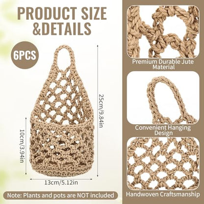 Foxtell 6 Pack Macrame Plant Hangers, 9.4” x 5.1” Cotton Wall Hanging Plant Baskets, Boho Woven Hanging Storage Flower Baskets for Indoor Outdoor Plants, Herbs & Home Decor