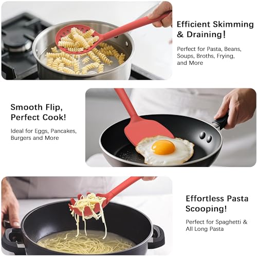 Coukre Silicone Kitchen Cooking Utensils Set, Heat Resistant, 14-Piece | Dishwasher-Safe, Food-Grade Silicone, BPA-Free, Spatulas, Spoons & Turner, Safe for Nonstick Cookware, PureRed - color: PureRed