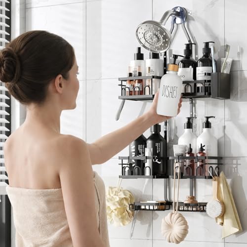 Adjustable Shower Caddy Hanging Rustproof Shower Caddy Shower Organizer for Over Handheld or Fixed Shower Heads with Hooks Soap Holder Toothbrush Holder