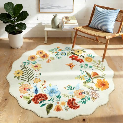 Carvapet Washable 3ft Round Area Rug Scalloped Floral Botanical Carpet | Creamy beige unique wave edge circle rug, soft low-slip floor mat for nursery, reading nook or bedroom - color: Beige Round Rug, size: 3' (Round)