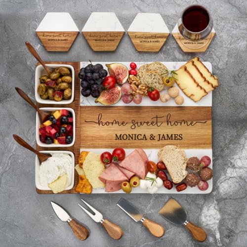 AWESOMETIK Luxury Personalized Acacia Wood & Marble Cheese Board – Custom Engraved Charcuterie Board with Knife Set – Bridal Shower & Housewarming Gift