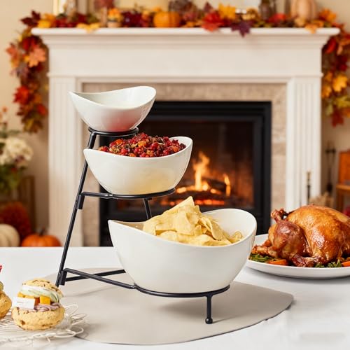 Gomakren 3 Tiered Serving Bowl Set, Chip and Dip Serving Set with Stand | Multi-Capacity Porcelain Bowls Holiday Party Display | Stable Serving Tray, Easy Store | for Fruit Appetizer Entertaining - color: Black Stand