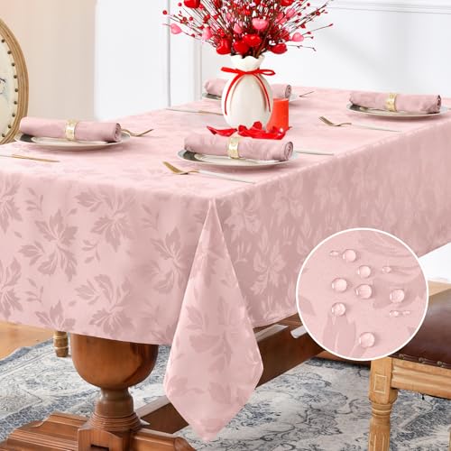Romanstile Jacquard Rectangle Tablecloth - Waterproof Damask Floral Pattern Decorative Table Cloths Heavy Weight Fabric Table Covers for Dinner/Parties/Outdoor - 60 x 120 Inch, Pink - color: Flower - Pink Green, size: 60" x 120" (Rectangular)