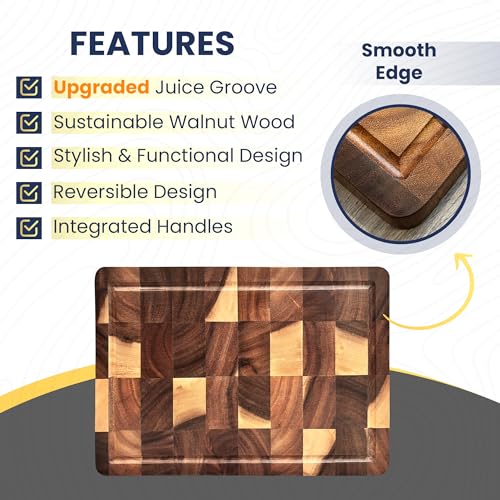 Walnut Wood End Grain Cutting Board for Kitchen with Juice Groove, Inner Handles, Heavy-Duty Butcher Block, Wooden Chopping Board, Charcuterie Boards 17" x 12" x 1" (17" x 12" x 1") - size: 17"L x 12"W