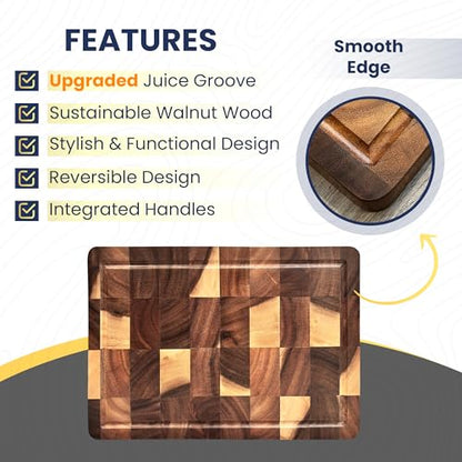 Walnut Wood End Grain Cutting Board for Kitchen with Juice Groove, Inner Handles, Heavy-Duty Butcher Block, Wooden Chopping Board, Charcuterie Boards 17" x 12" x 1" (17" x 12" x 1") - size: 17"L x 12"W