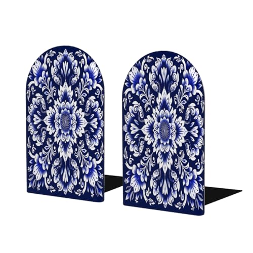 Blue Mandala Ethnic Flower 2Pcs Book Ends for Shelves Non-Skid Wood Bookends Decorative Back to School Books Holders Book Stoppers Bookshelf Accessories for Desk Home Office School Decor (1 Pair) - color: Blue Mandala Ethnic Flower
