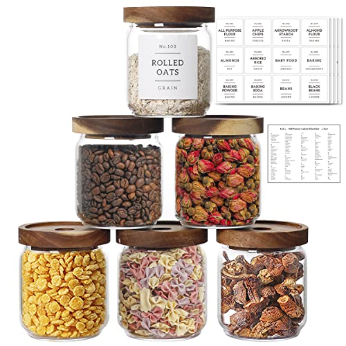 16 OZ Stackable Glass Food Storage Jars with 132 Pantry Labels Preprinted - 6 Pcs Thicken Glass Storage Containers with Airtight Acacia Lid - Clear Kitchen Canister for Spice, Tea, Coffee, Sugar - color: White