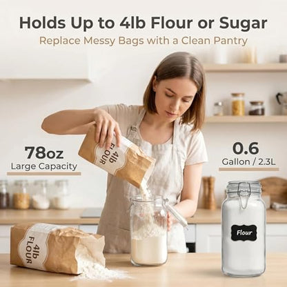 78oz Large Square Airtight Glass Jars with Lids, Wide Mouth Food Storage Canisters, Hold 4lb Sugar or 5lb Rice, Heavy Duty Pantry Containers for Flour, Coffee, Bulk Storage - size: 78 fl oz x 3 - Square