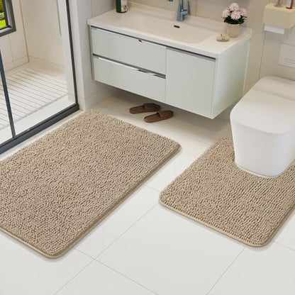 Bathroom Rug Sets 2 Piece, 20"x20" U-Shaped & 21"×34", Beige | Toilet Mat Non Slip Bath Mats Floor Set, Washable Bath Rug Set, Absorbent Soft Bathroom Rug - color: Beige