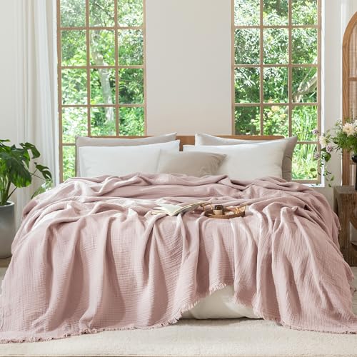 MooMee 100% Cotton Muslin Blanket Fringed 4-Layer Gauze Bed Throw, Queen | Soft Breathable Lightweight Thin Coverlet Summer Blankets for Adults, Bed & Couch All Seasons, Greyish Pink, 90" x 90" - color: Greyish Pink, size: Queen