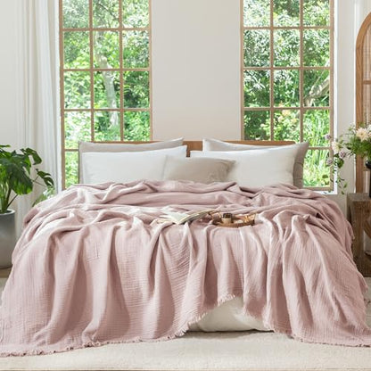 MooMee 100% Cotton Muslin Blanket Fringed 4-Layer Gauze Bed Throw, Queen | Soft Breathable Lightweight Thin Coverlet Summer Blankets for Adults, Bed & Couch All Seasons, Greyish Pink, 90" x 90" - color: Greyish Pink, size: Queen