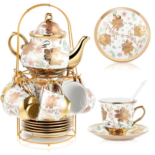 Zhehao 20 Pcs Porcelain Tea Set with Metal Holder and Spoon Adult Ceramic Tea Set European Flower Painting Teapot Cup Saucer Spoon for Women Mom Gift, Large Version (Elegant Style) - color: Elegant Style