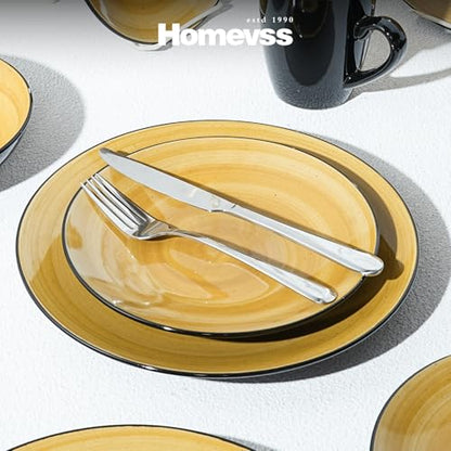 HomeVss Sonoma 16 Piece Stoneware Dinner Set, Outside Black + Inside Handpainted Color Yellow with speckle - color: Yellow