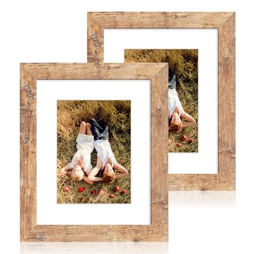 iRahmen 8x10 Picture Frame Set of 2, High Definition Real Glass Rustic Brown Wood Frame, Display Pictures 5x7 with Mat or 8 x 10 Without Mat for Tabletop or Wall Mounting - color: Rustic Brown, size: 8X10