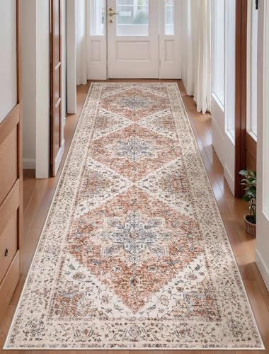 Ciicool Washable Long 10ft Runners for Hallway,2'6''x10' Kitchen Runner Rug | Boho Non Slip Backing Entryway Indoor Mat,Vintage Throw Thin Low-Pile Carpet For Bedroom Bedside Dining Room Living Room - color: Vintage Cream/Brick, size: 2'6" x 10' (Runner)