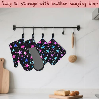 Blue Pink Stars Heat-Resistant Silicone Oven Mitts and Pot Holder 4 Piece Set,Non-Slip Kitchen Oven Gloves for Baking, BBQ, Cooking,Grilling - color: Blue Pink Stars
