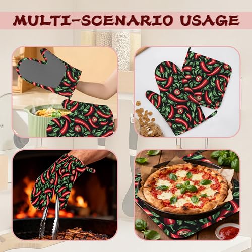Red Chili Peppers Silicone Oven Mitts and Pot Holders,Heat-Resistant 4 Piece Kitchen Set Non-Slip Oven Gloves and Hot Pads for Cooking, Baking, Grilling,BBQ - color: Red Chili Peppers