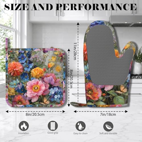 Wild Blooming Flowers Oven Mitts and Pot Holders Sets Butterflies Silicone Kitchen Mitts Potholders Heat Resistant Oven Gloves Hot Pads for Kitchen Baking Cooking BBQ - color: Wild Blooming Flowers