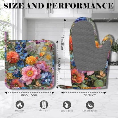 Wild Blooming Flowers Oven Mitts and Pot Holders Sets Butterflies Silicone Kitchen Mitts Potholders Heat Resistant Oven Gloves Hot Pads for Kitchen Baking Cooking BBQ - color: Wild Blooming Flowers