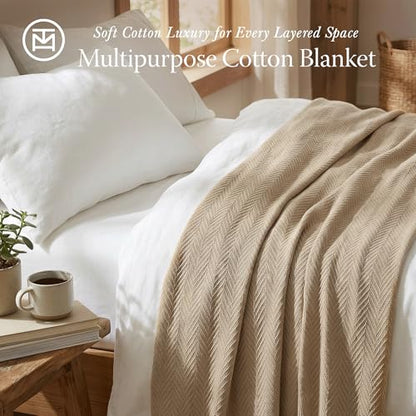 Threadmill Luxury Cotton Blankets for Twin Size Bed | All-Season 100% Cotton Twin Blanket for Bed | Herringbone, Soft & Cozy Fall Thermal Blanket, 350GSM, 68x92 inches | Beige | 100% Cotton, Herringbone Pattern, 350 GSM, 68x92 in, Breathable, Moisture-Wic