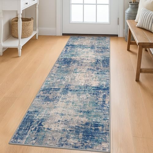 KILOCOCO Runner Rug 2x6 ft Washable Runner for Hallway, Blue/Grey/Beige | Machine Washable Kitchen Runner, Non Slip Entryway Runner, Printed Carpet Runners, Abstract Floor Runners, Soft Bedside Rug - color: Blue/Grey/Beige, size: 2' x 6' (Runner)