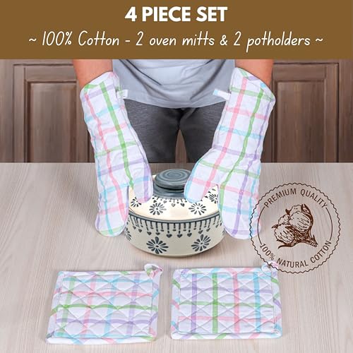 Native Fab 4 Piece Set - 2 Oven Mitts & 2 Potholders, Heat Resistant, 100% Cotton, Quilted Design, Non-Slip Grip, Ideal for Baking, Cooking, BBQ, Kitchen Protection, Multi-Color Checks - color: Multicolor