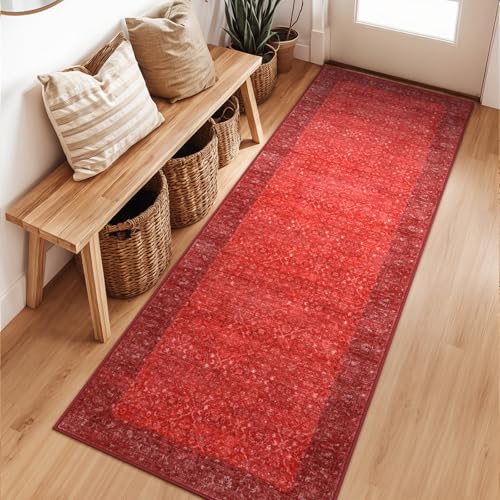 Hedlive Vintage Red Kitchen Runner Rug, 2x6 Runners for Hallways Non Slip, Washable Runner Rug for Bedroom Entryway, Ultra-Thin Carpet Runners for Laundry Room Bedroom Holiday Decor (2'x6', Red) - color: Red, size: 2' x 6' (Runner)