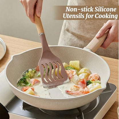 Chef Kitchen Cooking Utensils Set, Heat Resistant Silicone Kitchen Utensils Sets with Storage Rack, 7PCS Gadgets Tools Set with Wooden Handle for Nonstick Cookware,Tongs, Turner, Skimmer (Khaki) - color: Khaki