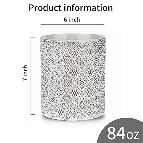 KOOV Kitchen Utensil Holder, Large Utensil Holders for Countertop, 6 x 7 Inches Ceramic Utensil Crock, Deep and Stable, Cooking Utensil Holder, Embossed Pattern, White - color: Reactive White