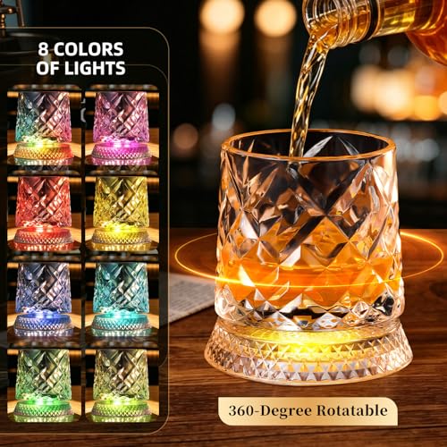 Luxury 360° Spinning Crystal Whiskey Glass Set Of 2, Rotating Old Fashioned Rocks Glasses & & 4 Color Lighting, Scotch & Bourbon, Cocktail Glasses for Bar, Party, Home, and Gift (Diamond) - color: Diamond