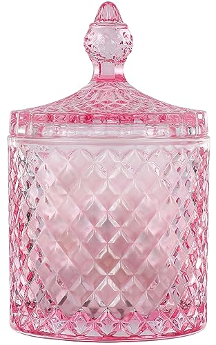 rejomiik Qtip Holder Apothecary Jars with Lid, Thick Glass, Pink | Bathroom Canisters Storage Organizer for Cotton Swabs, Balls, Pads, Floss Picks, Candy, Jewelry, Bathroom Decor - color: Pink, size: 23 Ounces