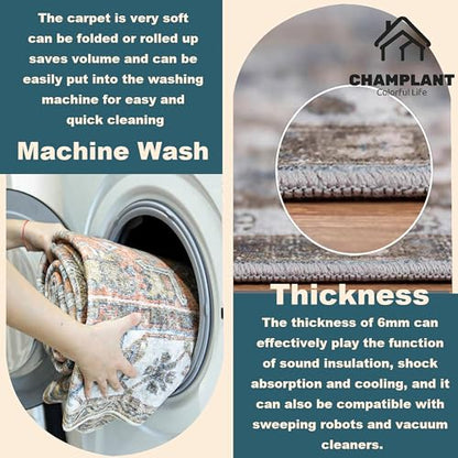 CHAMPLANT Washable Area Rug 9'x12' Cyan Khaki Retro Flowers Boho Design Non-Shedding Easy Care Ideal for High Traffic Areas in Living Room Bedroom Office Coffee Table Kitchen Large Carpet - color: Cyan Khaki, size: 9' x 12' (Rectangular)