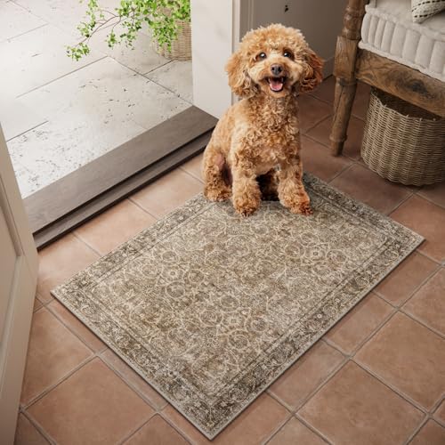Washable Small Area Rugs for Entryway: 2x3 Door Mat Indoor Entrance | Boho Rug,Vintage Distress,Non-Slip,Low Pile,Soft,Throw,Carpet,Bathroom,Kitchen,Hallway,Nursery,Bedroom,Farmhouse Decor - color: Brown/Camel/Multi, size: 2' x 3' (Rectangular)