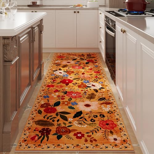 Rugcomf Runner Rug for Hallways Kitchen Rug Non Slip 2'6''x8' Washable Runner Rugs with Rubber Backing Soft Floral Carpet Runner for Hallways, Kitchen, Laundry, Bedroom, Bathroom(Yellow) - color: Yellow Orange, size: 2'7" x 8' (Rectangular)