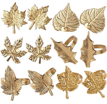 Metal Leaf Napkin Rings, 12-Pack, Antique Gold | Durable metal, 2.75x2.25x1.75 in each, polished finish, Thanksgiving, weddings, fall & holiday table décor