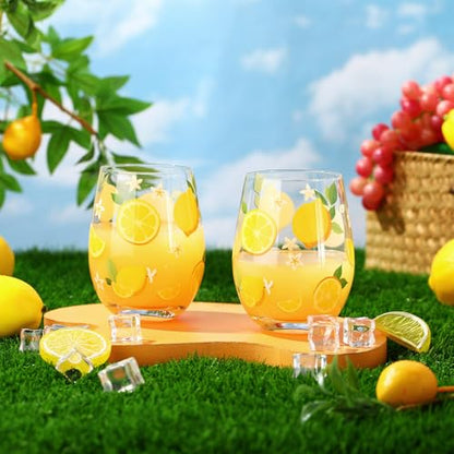 Sliner 2 Pack Lemon Stemless Wine Glasses 17oz Lemon Drinking Glasses Clear Stemless Wine Tumbler Unique Gift for Wedding, Mother's Day Birthday Drinking Party - style: Lemon