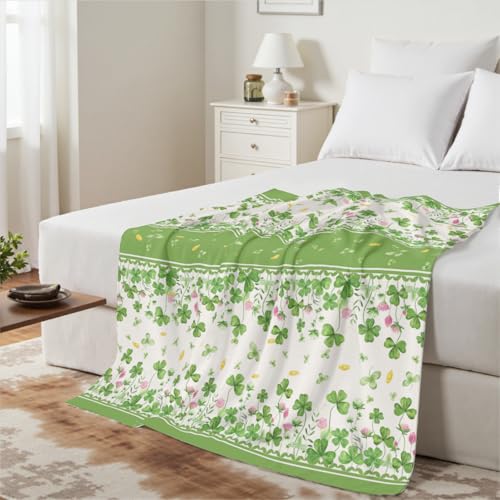 Green Shamrock Floral Throw Blanket Lucky Green Clovers Gold Coin Farmhouse Decor Flannel Blanket 50x60 Inch Soft Sofa Fuzzy Warm and Cozy Throws for St Patricks Day Spring Couch and Gift - color: Shamrock, size: 60 x 50 inches