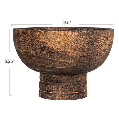 Creative Co-Op Round Paulownia Wood Pedestal Bowl, Marbled Brown Finish - color: Charred Brown