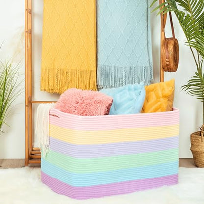 112L Extra Large Blanket Basket Holder Living Room, 25"x17"x16" Rectangle Rope Woven Storage Basket with Handles for Laundry, Towels, Shoes, Dog Toy Organizer Bin Box, Pastel Rainbow