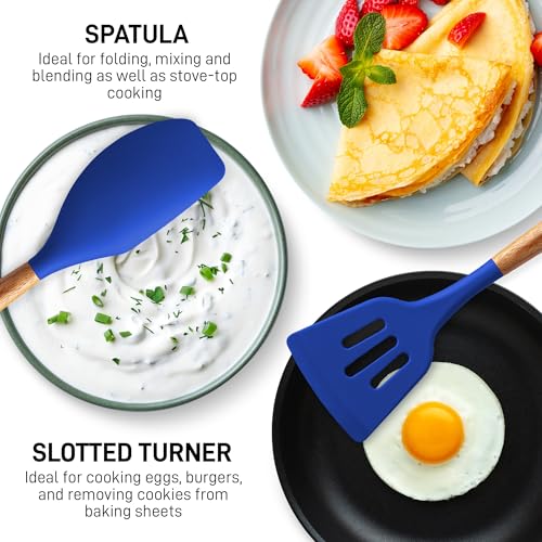 Zulay Kitchen 5 Piece Silicone Utensil Set | Non-Stick Silicone Cooking Utensils Set with Acacia Wood Handles - 464°F Heat Resistance Kitchen Utensils Set - Dark Blue - color: Royal Blue, size: 5-Piece Set