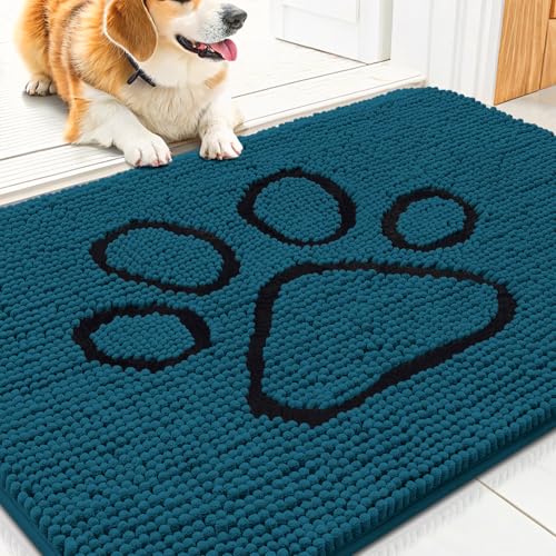 Smiry Dog Door Mat for Muddy Paws, Absorbent Non Slip Dirt Trapper, 30x20 | Atlantic Blue and Black, Quick Dry Washable Chenille Mat for Mud Dogs, Entry Rug for Indoor and Outdoor - color: Atlantic Blue and Black, size: 30"X20"